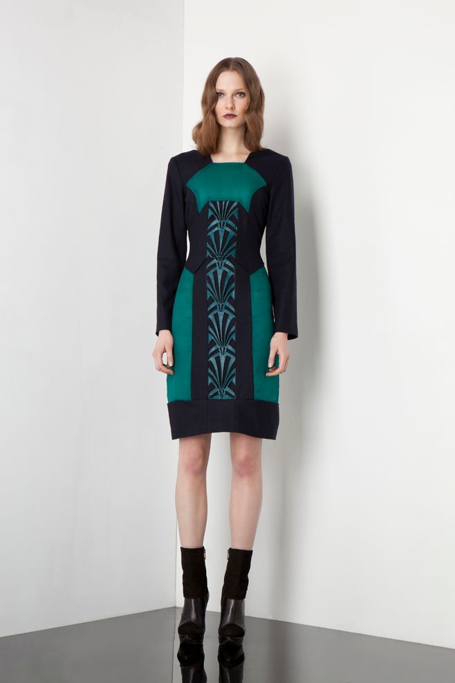 AW12_Arlette dress green wool teal leather_HDR373_front