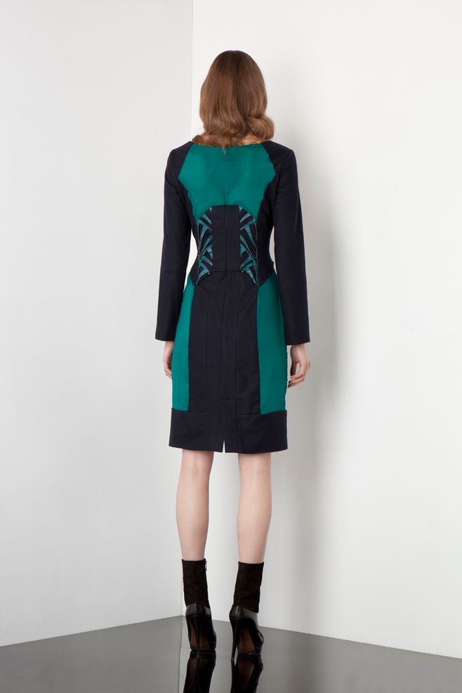 AW12_Arlette green dress wool teal leather_HDR373_back