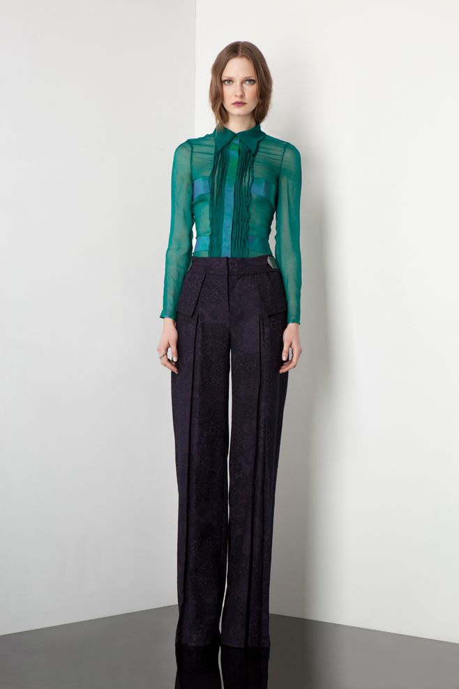 AW12_Eileen green top_HTP454 and Clara trousers cady_HTR534